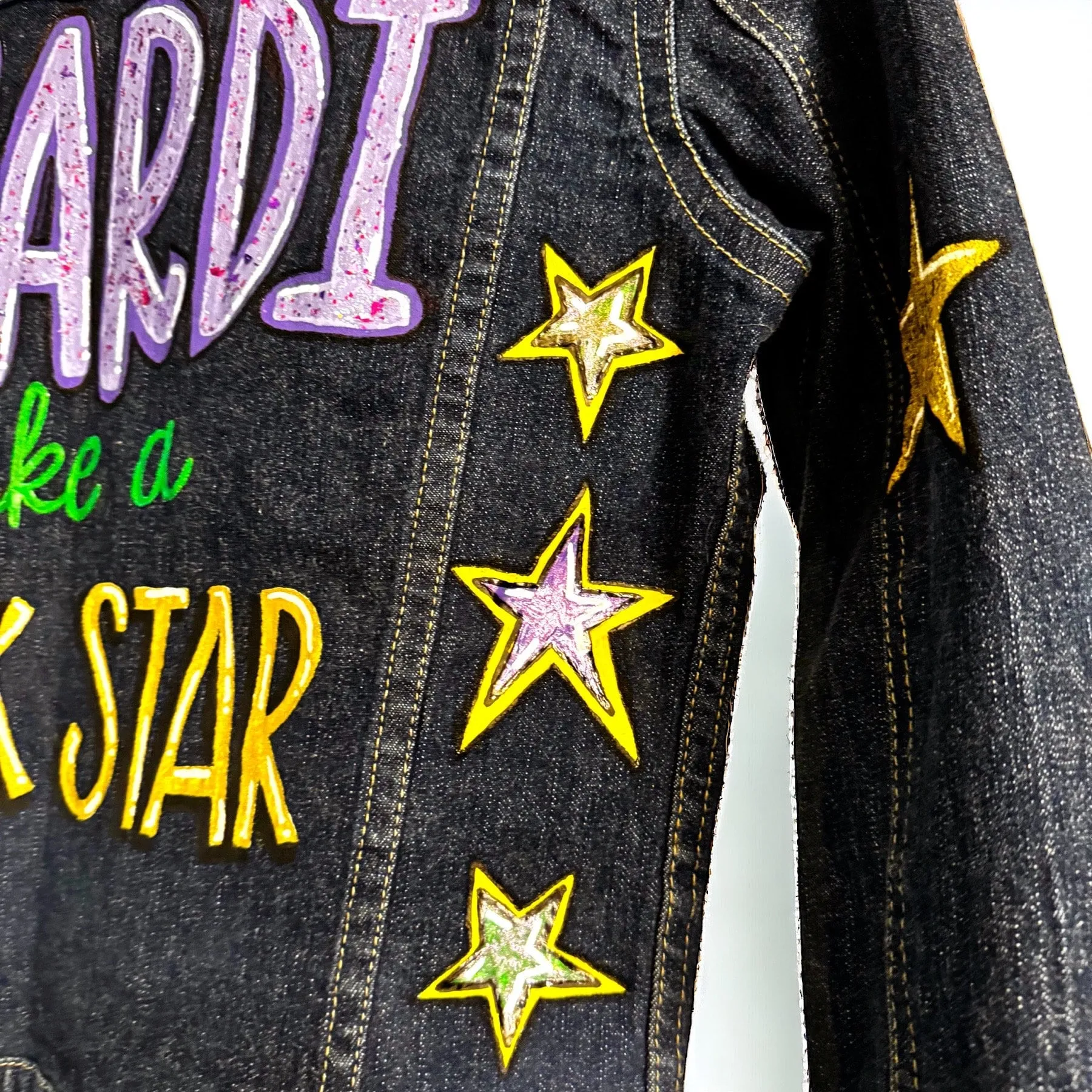 Hand Painted Mardi Gras Jean Jacket - Mardi Gras, Mardi Gras Jacket, New Orleans, Purple Green Gold, Mardi Gras, Parade Outfit, Glitter