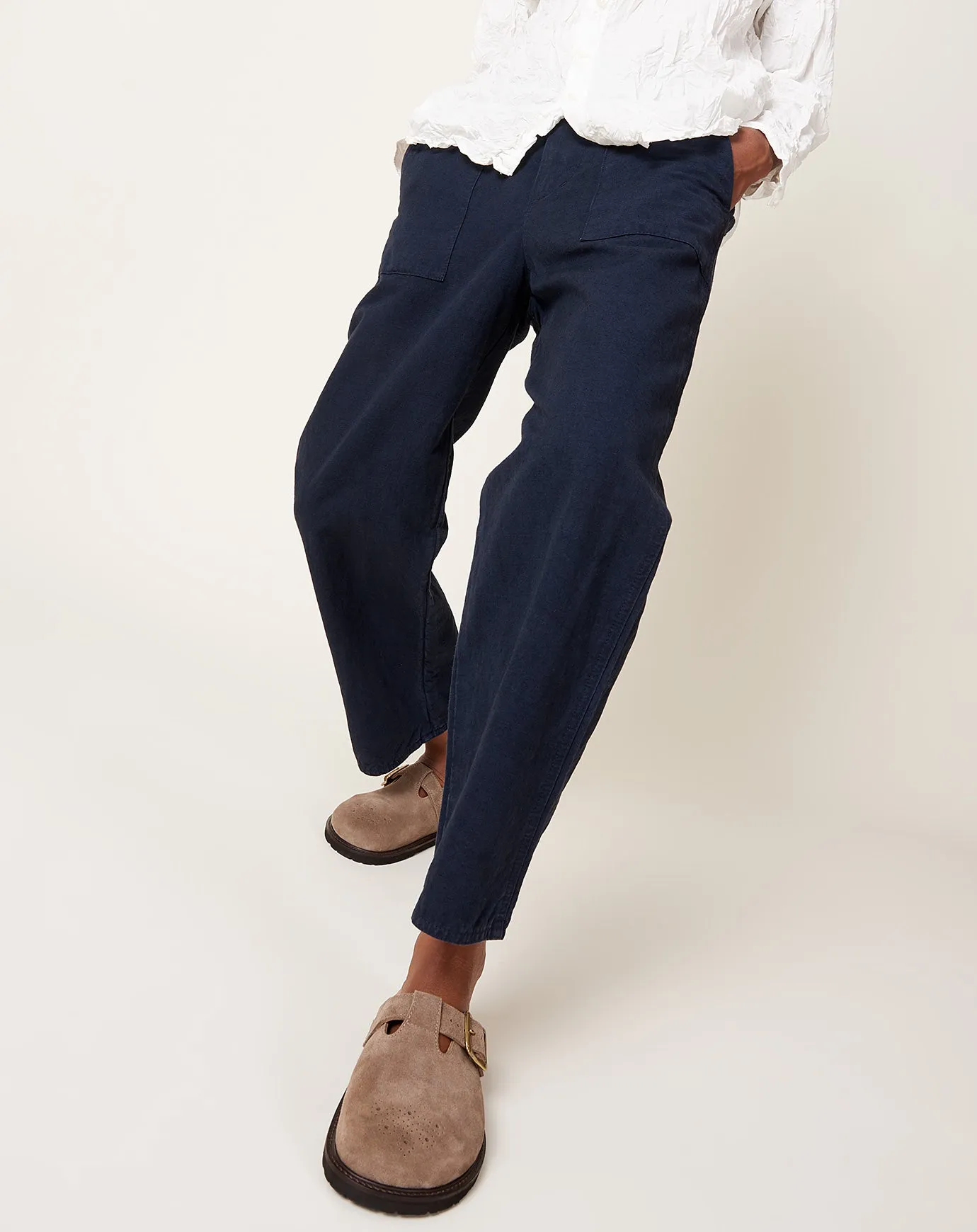 High Thread Count Cotton Linen Baker Pants in Navy