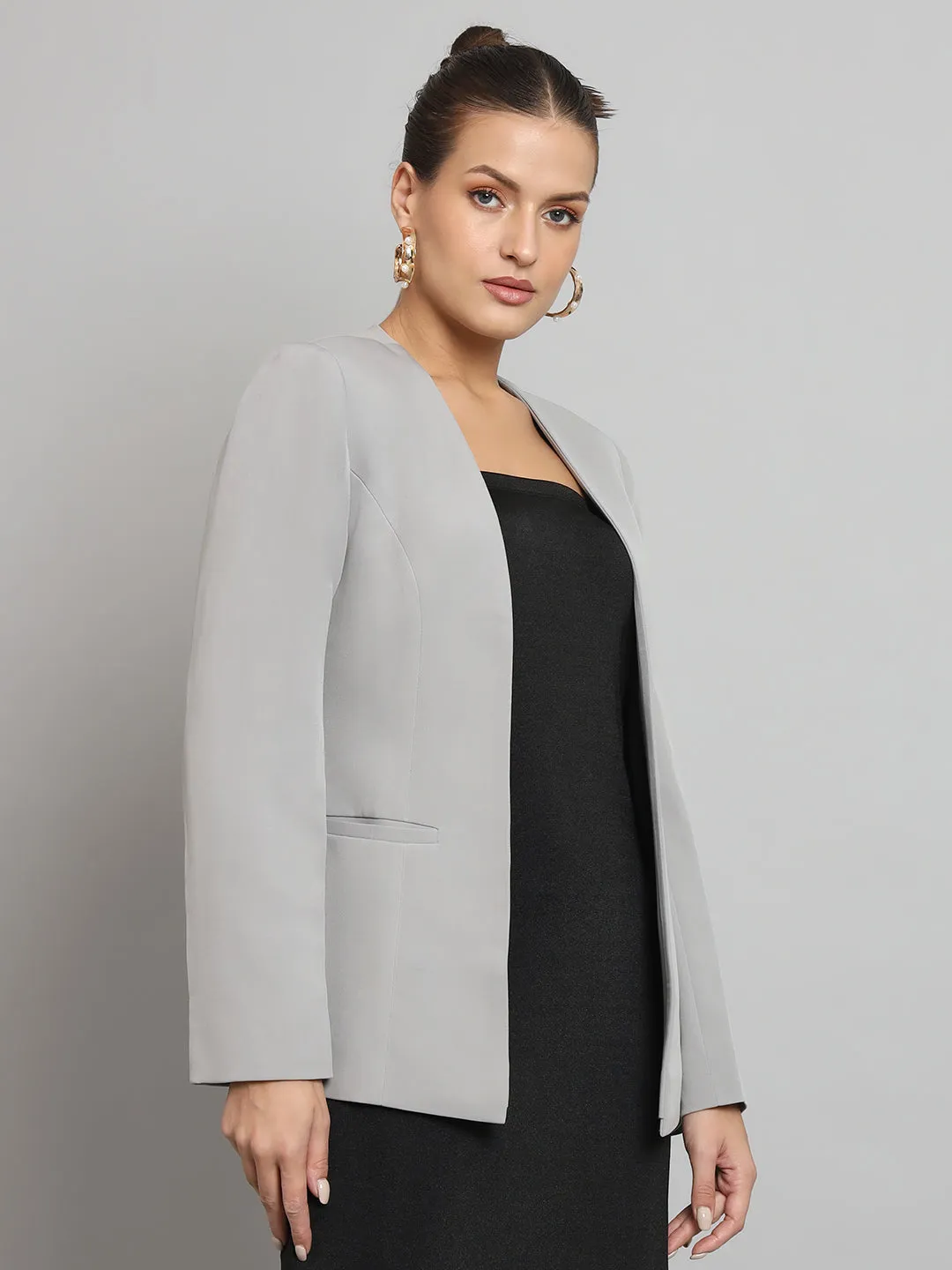 Lapel less Stretch Blazer- Grey