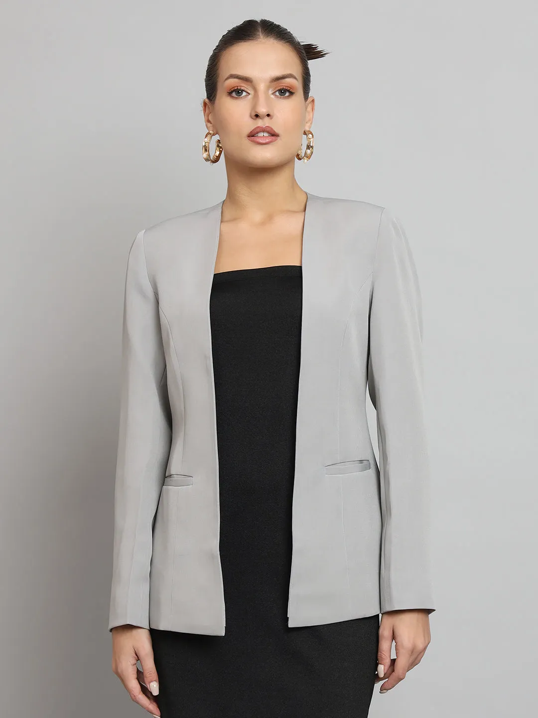 Lapel less Stretch Blazer- Grey