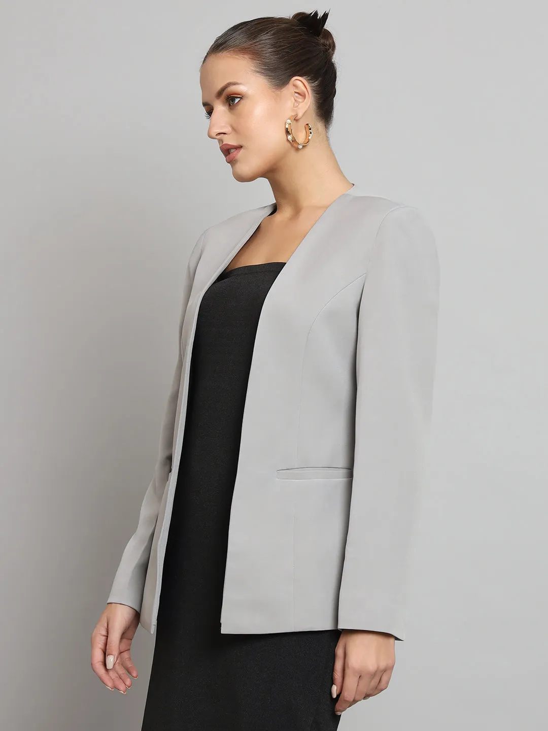 Lapel less Stretch Blazer- Grey