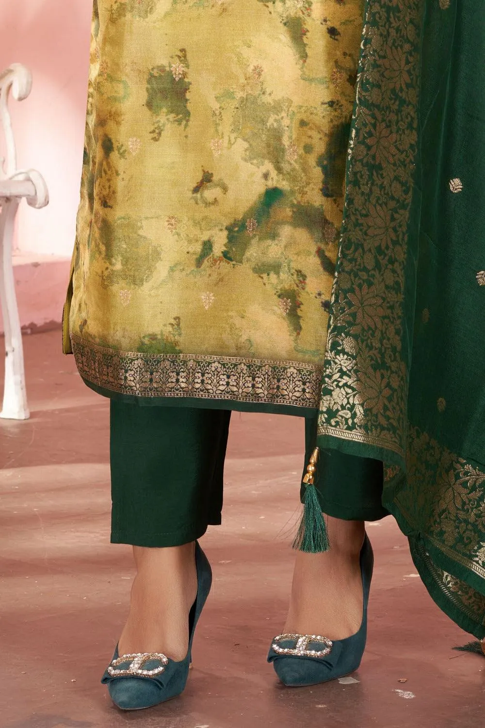 Lemon Green with Tie and Dye Print, Beads and Banaras work Straight Cut Salwar Suit