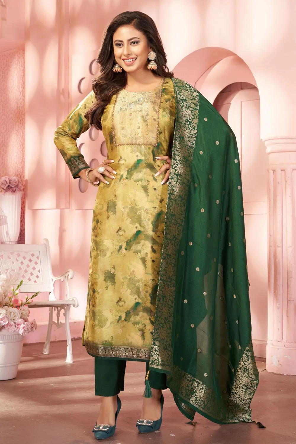 Lemon Green with Tie and Dye Print, Beads and Banaras work Straight Cut Salwar Suit