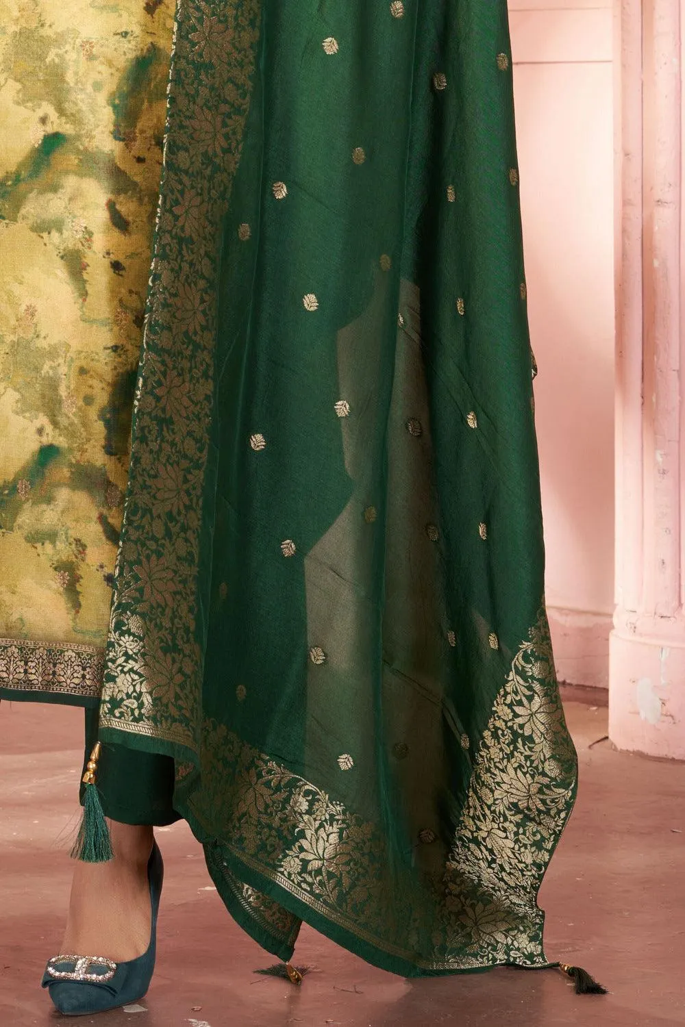 Lemon Green with Tie and Dye Print, Beads and Banaras work Straight Cut Salwar Suit