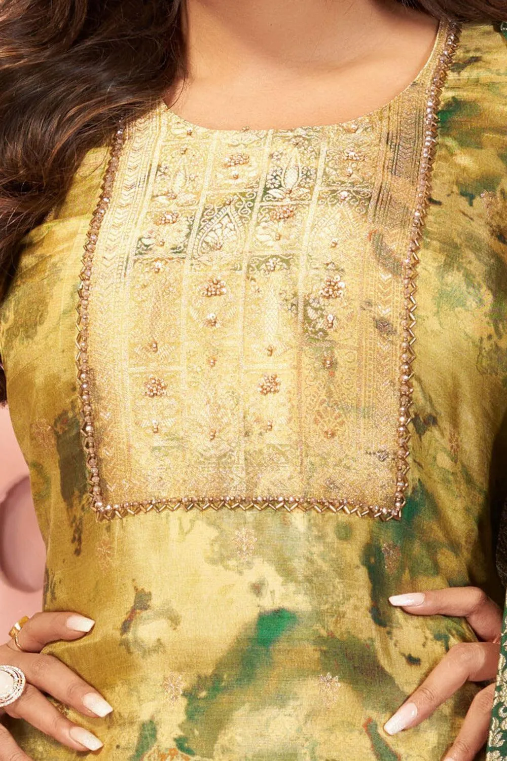 Lemon Green with Tie and Dye Print, Beads and Banaras work Straight Cut Salwar Suit