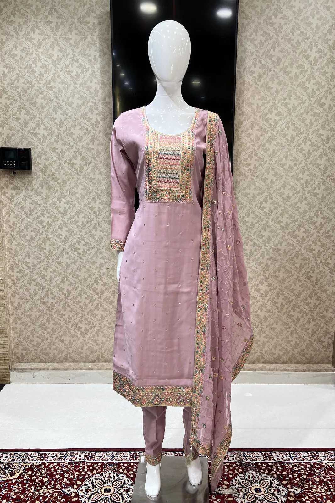 Light Pink Multicolor Thread, Sequins and Zari work Straight Cut Salwar Suit