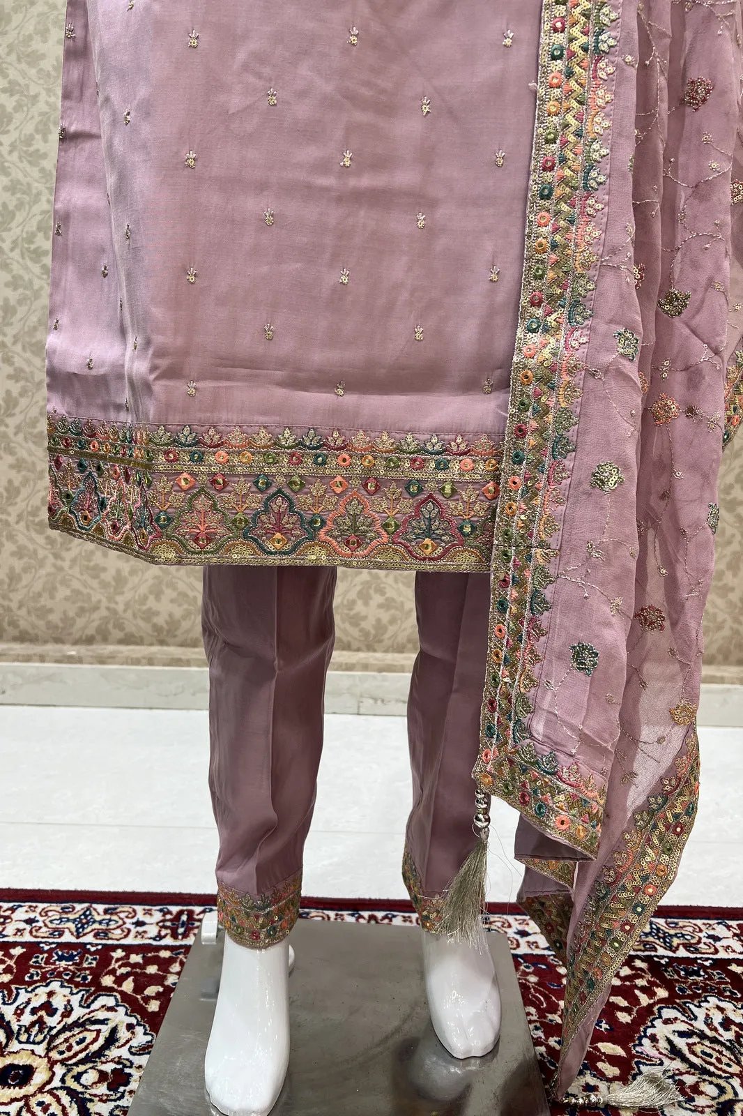 Light Pink Multicolor Thread, Sequins and Zari work Straight Cut Salwar Suit