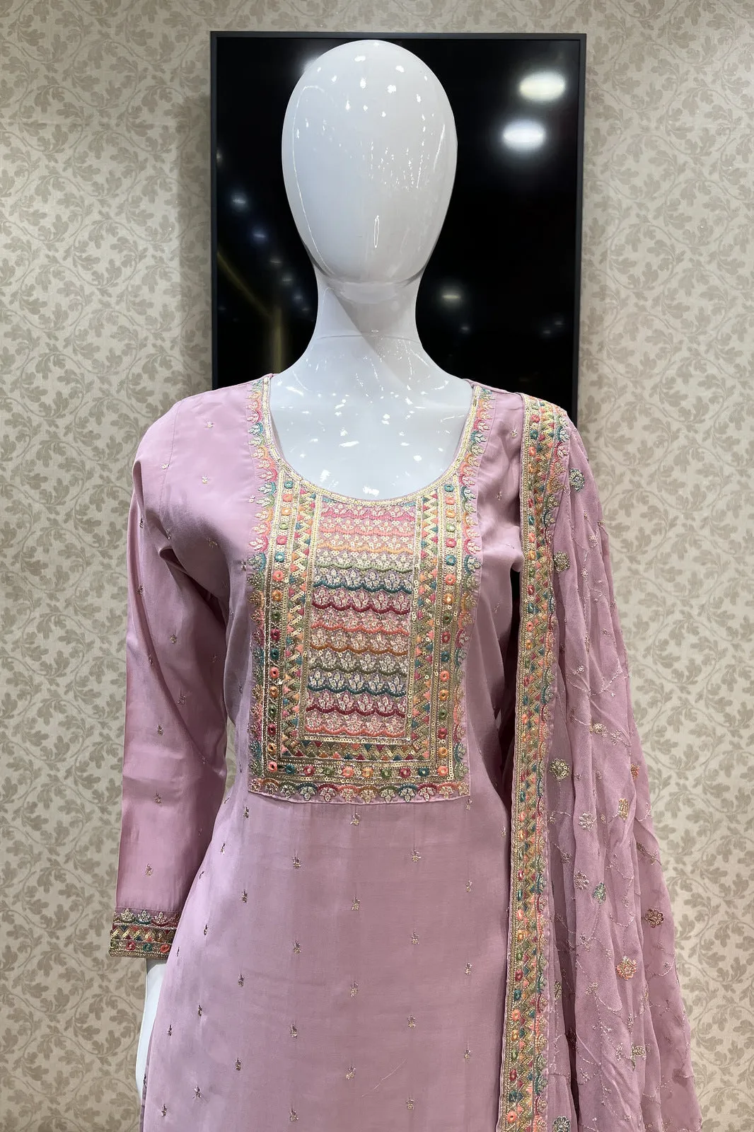 Light Pink Multicolor Thread, Sequins and Zari work Straight Cut Salwar Suit