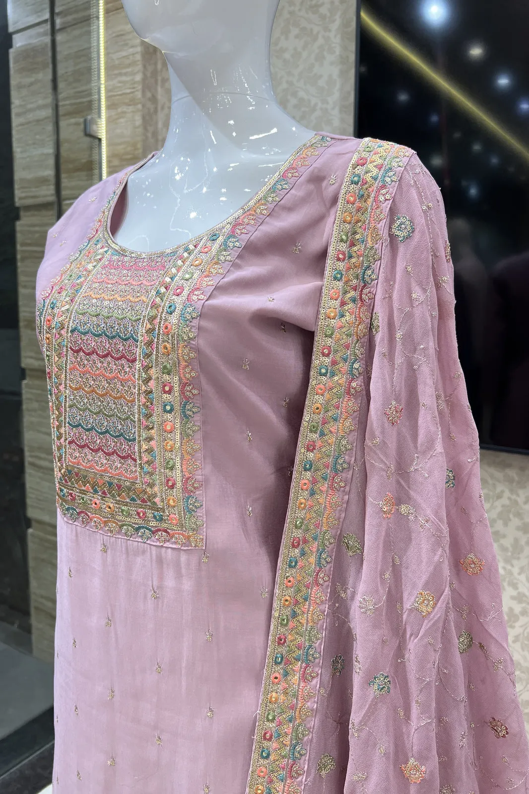 Light Pink Multicolor Thread, Sequins and Zari work Straight Cut Salwar Suit