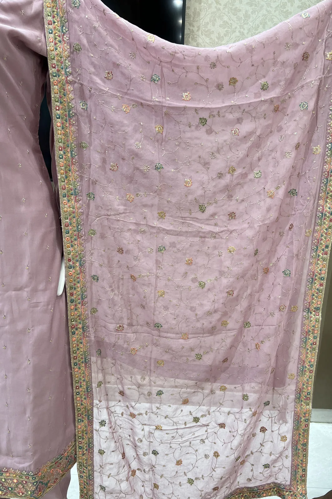 Light Pink Multicolor Thread, Sequins and Zari work Straight Cut Salwar Suit