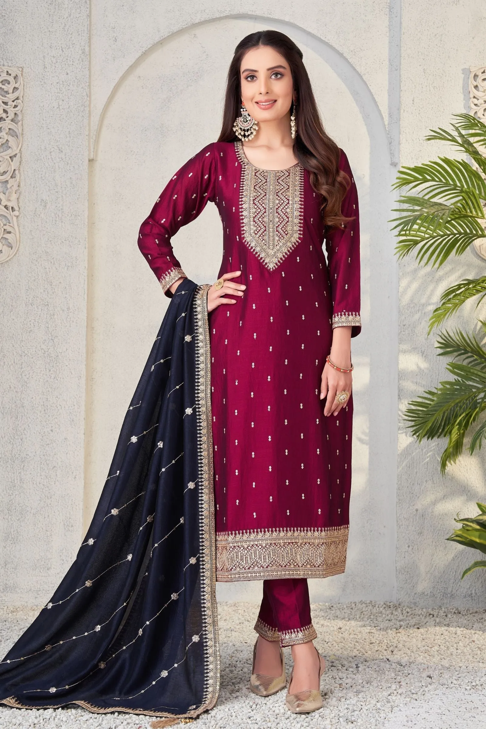 Maroon Zari and Sequins work Straight Cut Salwar Suit