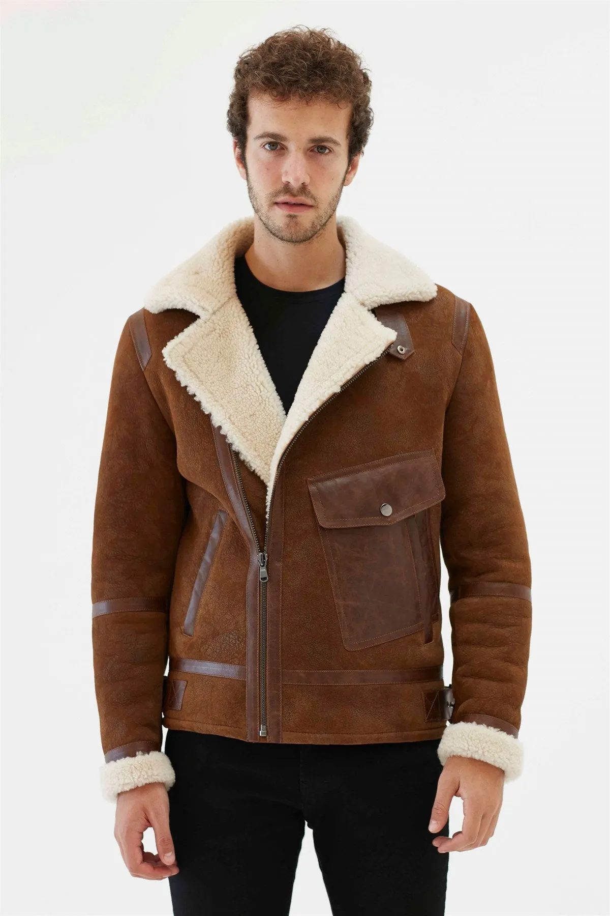 Men Aviator Tan&Off White Shearling Jacket