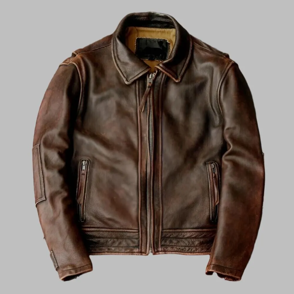 Men's Brown Cafe Racer Jacket - Vintage Biker Motorcycle Genuine Lambskin Leather Jacket