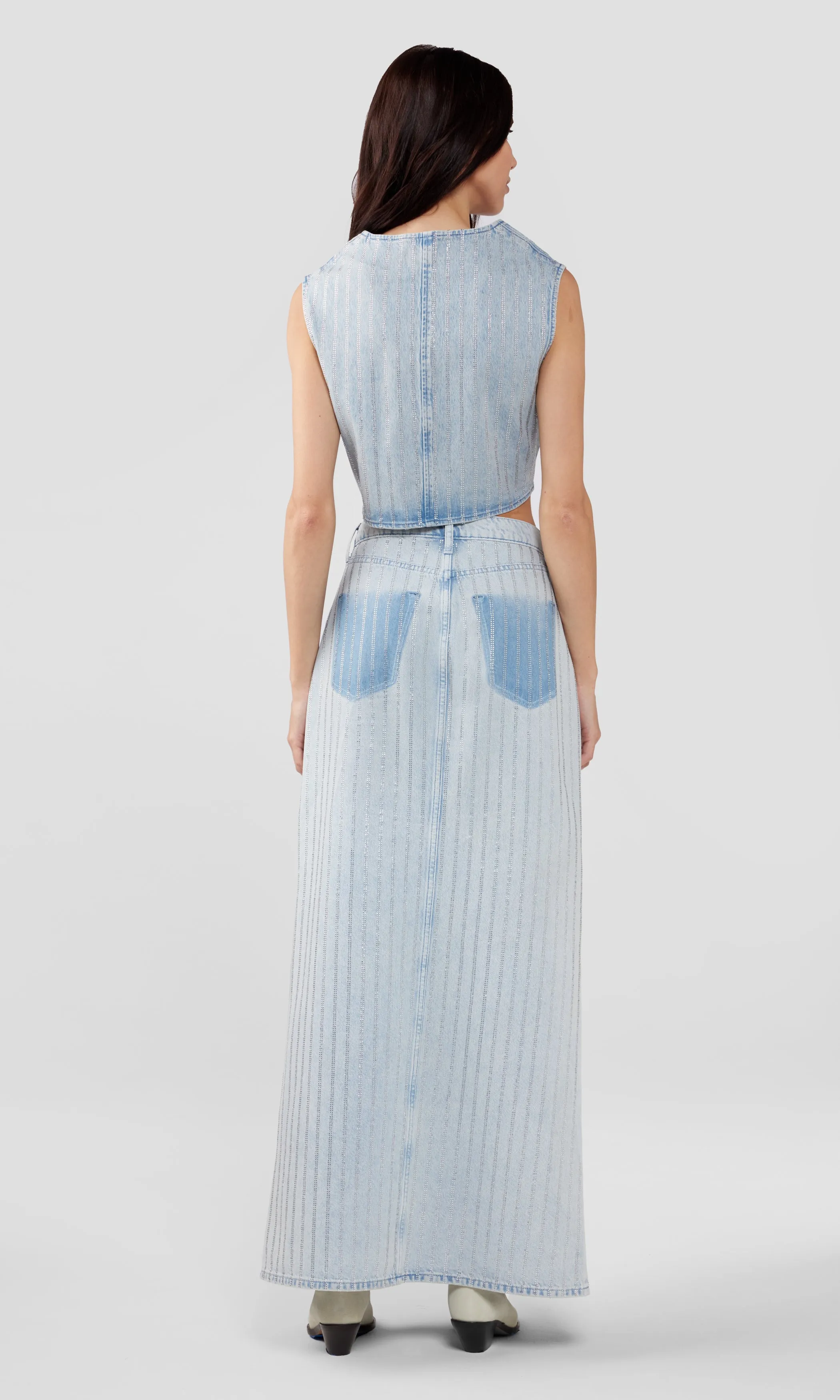 Ms. Sofiane Denim Vest - Light Indigo Crystal Pin Stripe