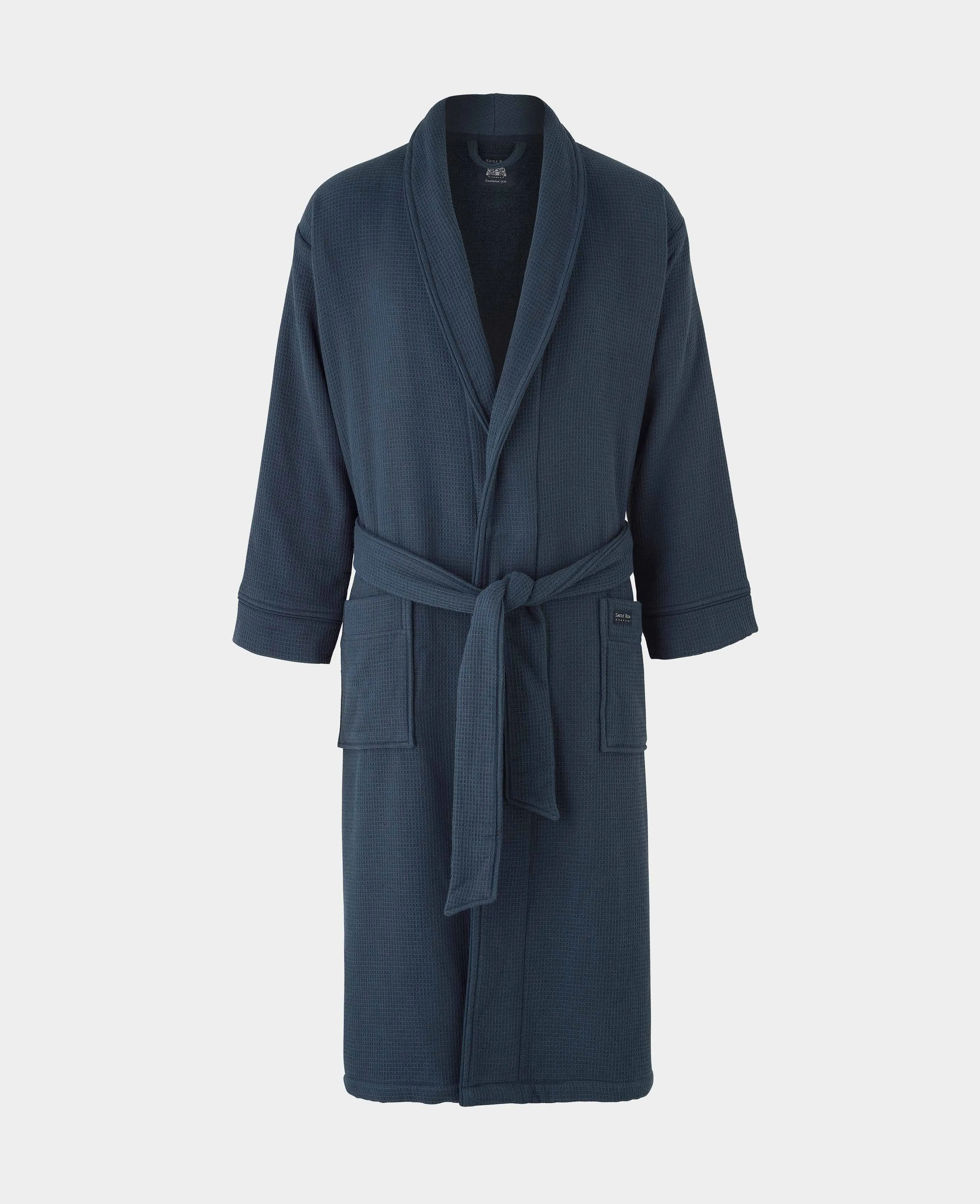 Navy Cotton Waffle Dressing Gown With Terry Cotton Lining