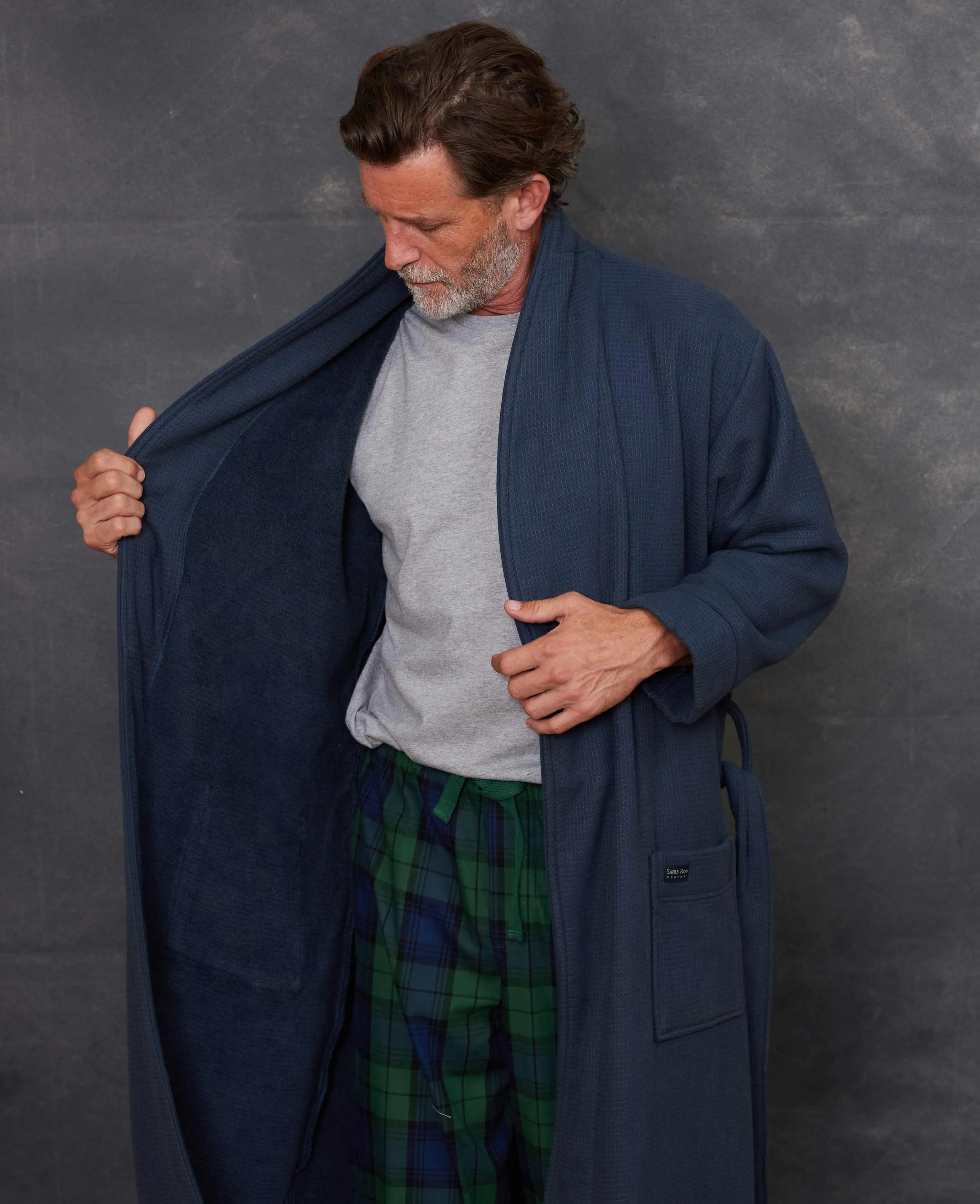 Navy Cotton Waffle Dressing Gown With Terry Cotton Lining