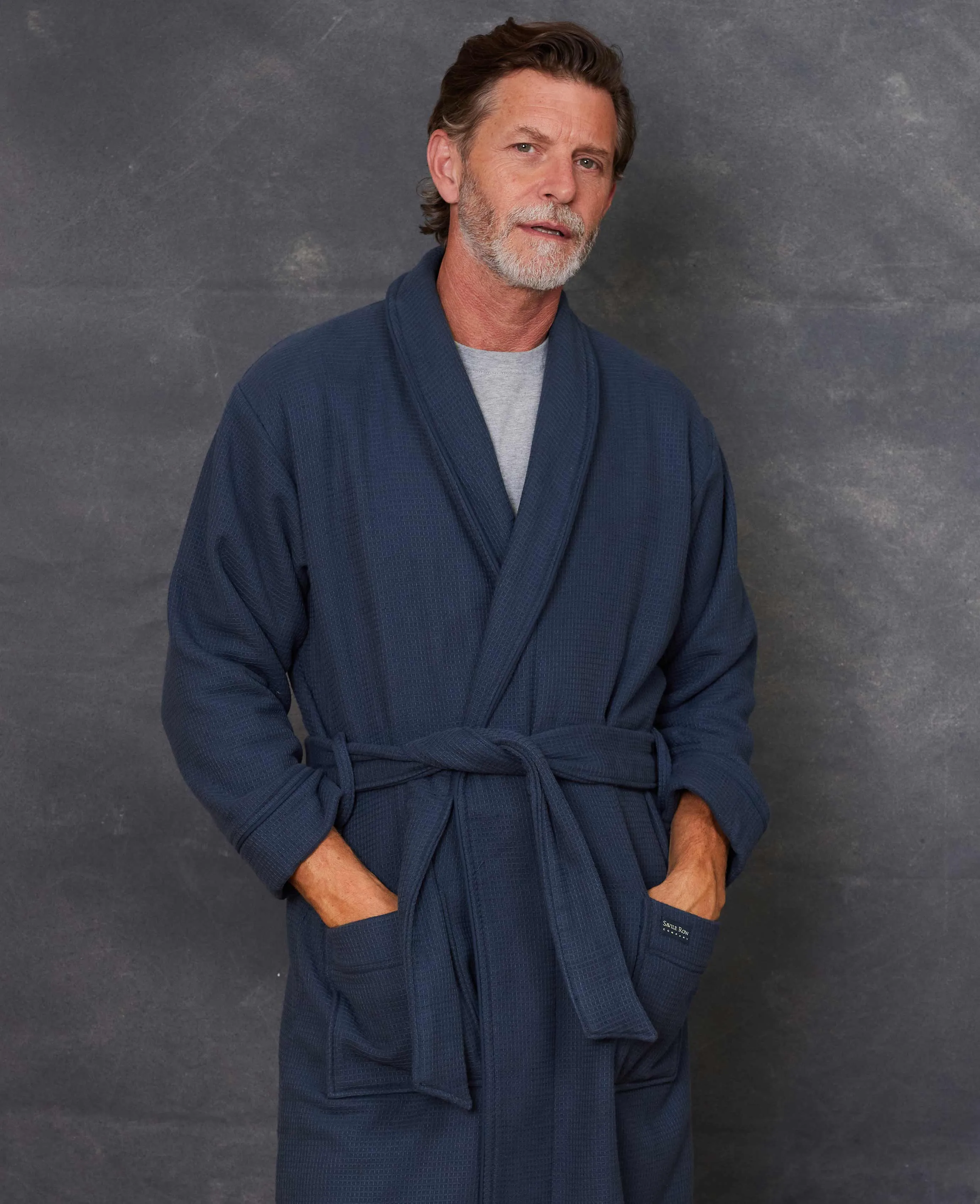 Navy Cotton Waffle Dressing Gown With Terry Cotton Lining