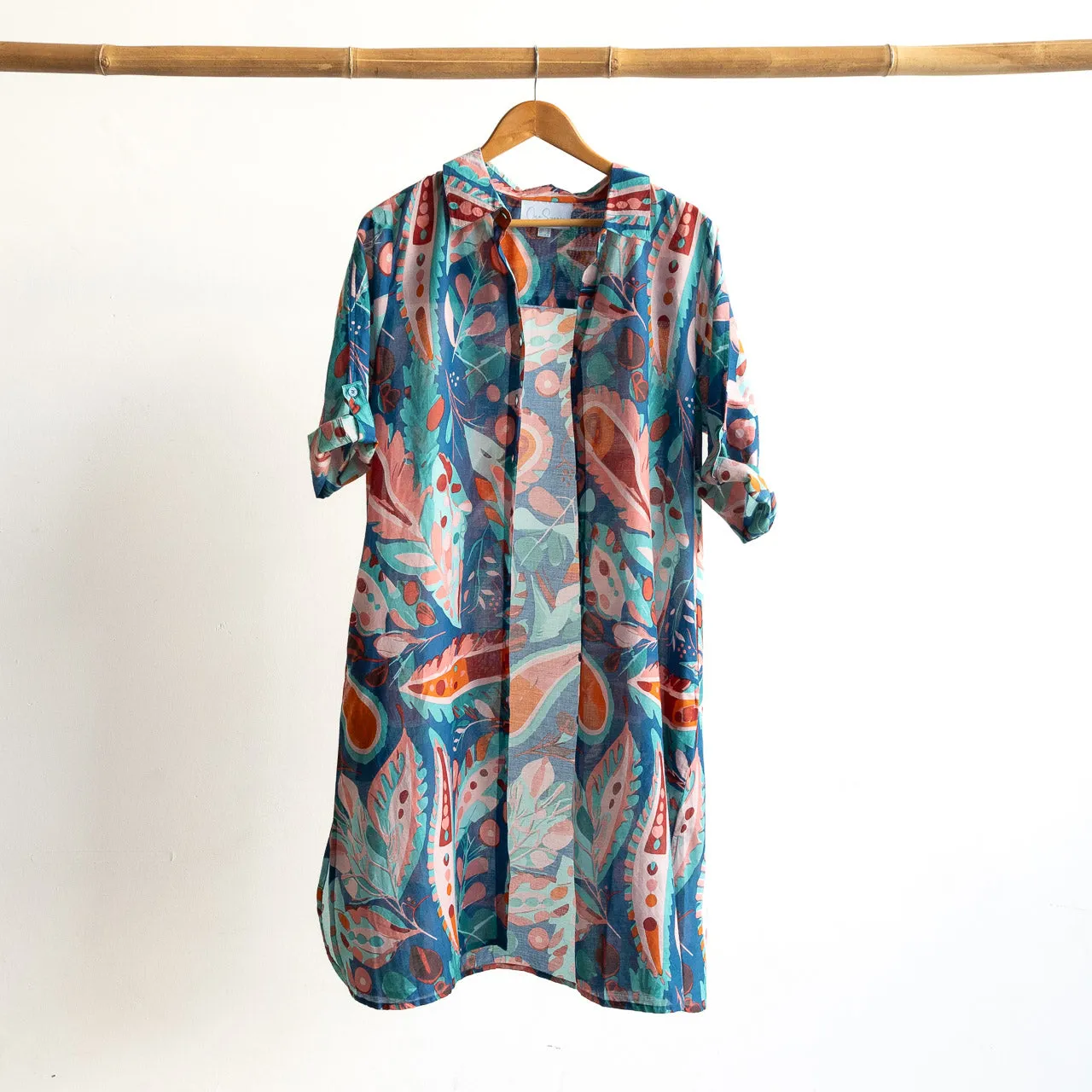 Poolside Cotton Shirt Dress - Tropical Sea