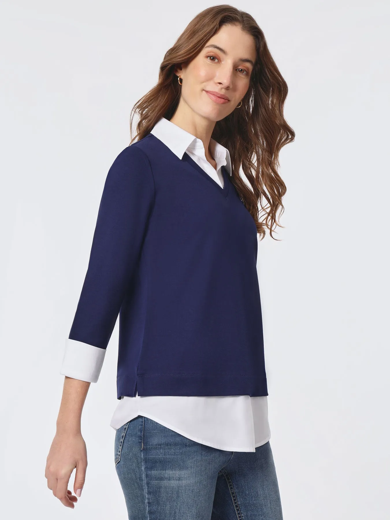 Solid V-Neck Knit Combo Top