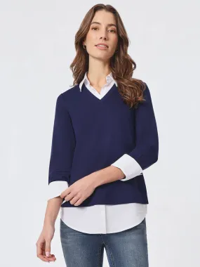 Solid V-Neck Knit Combo Top