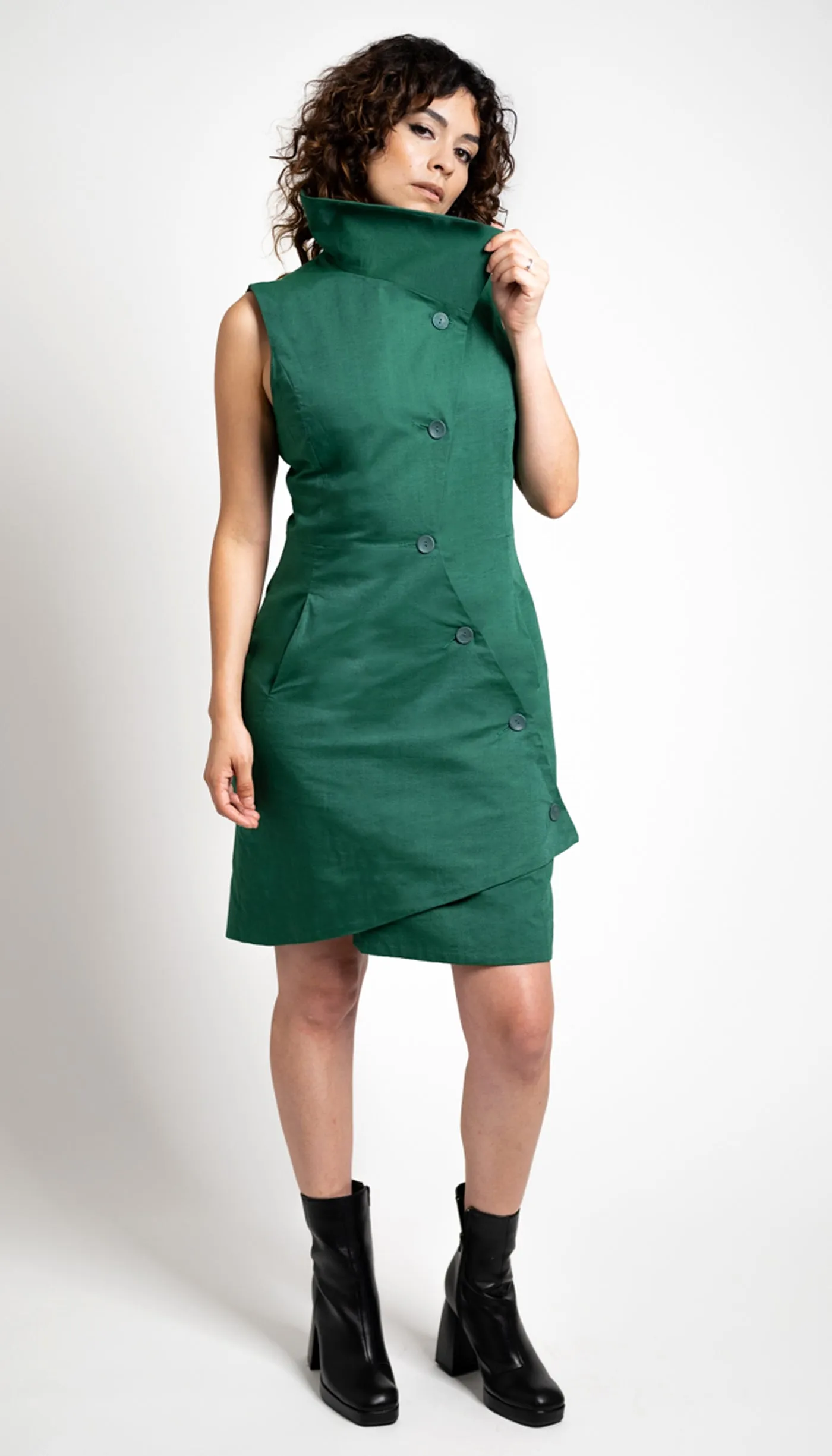 Swerve Vest Dress in Linen/ Bottle Green