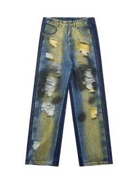 Thesupermade Hip-hop Washed Distressed Loose Spray-dyed Jeans