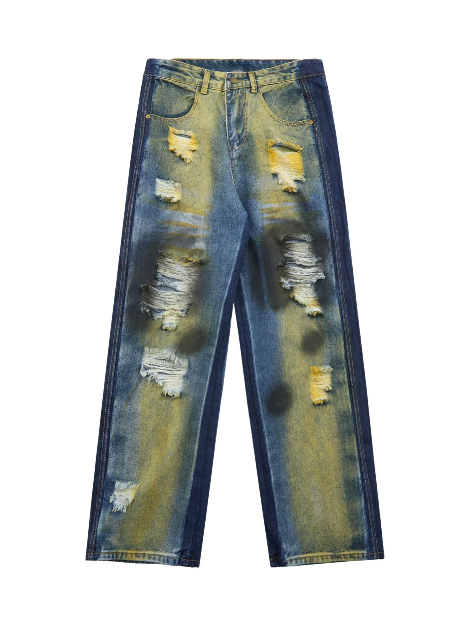 Thesupermade Hip-hop Washed Distressed Loose Spray-dyed Jeans