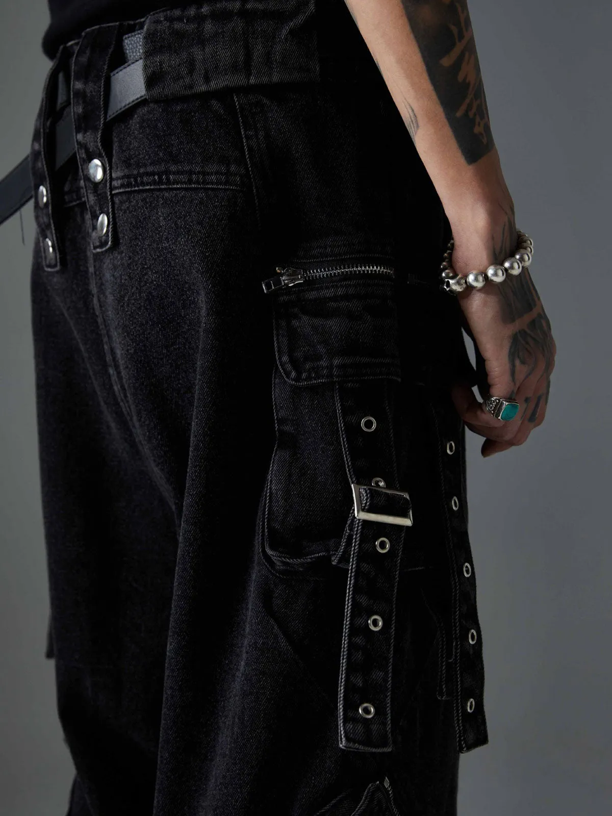 Thesupermade Multi-Pocket Exposed Zippers Baggy Jeans