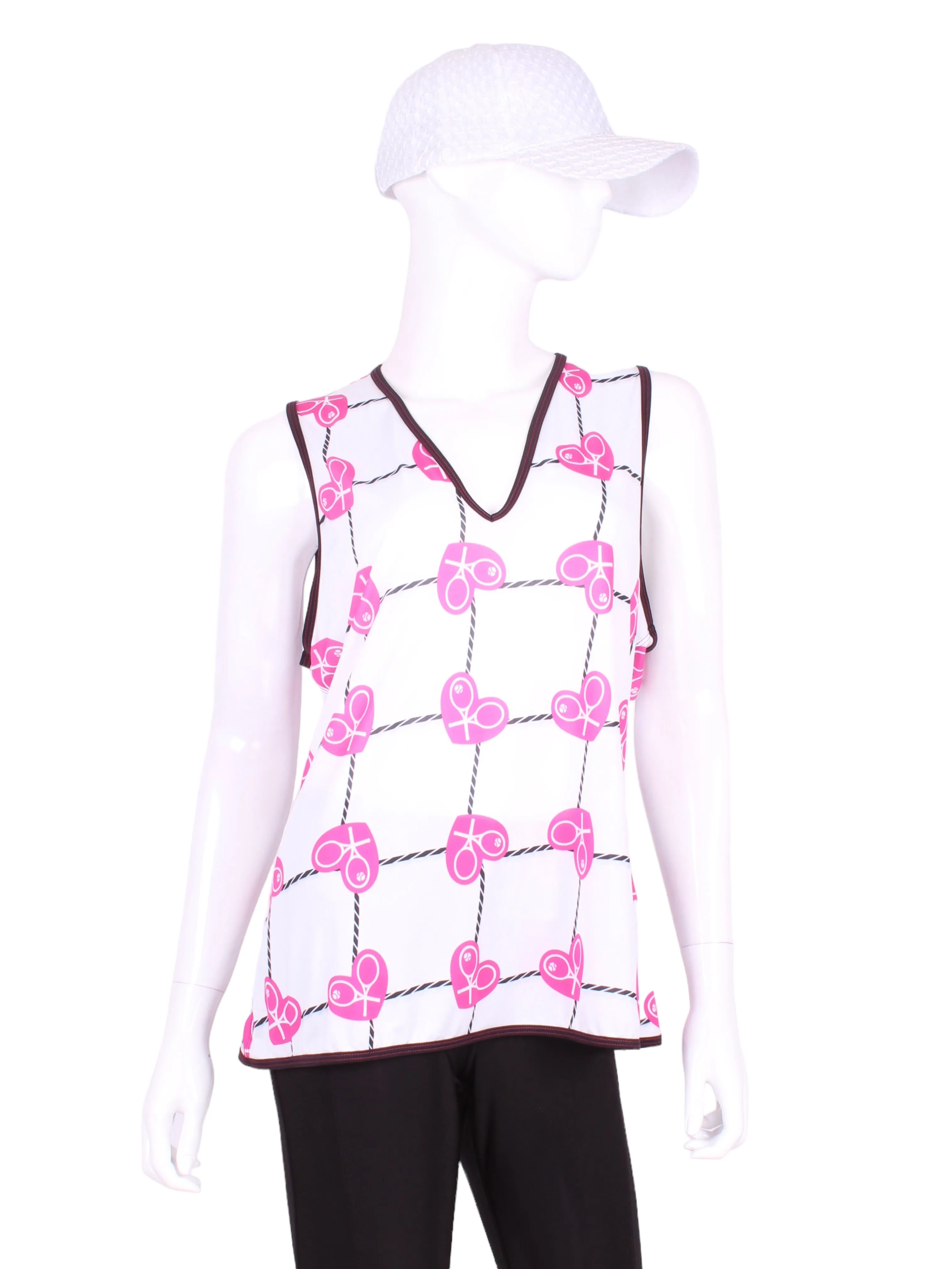 Vee Tank Straight Back Pink Hearts & Net