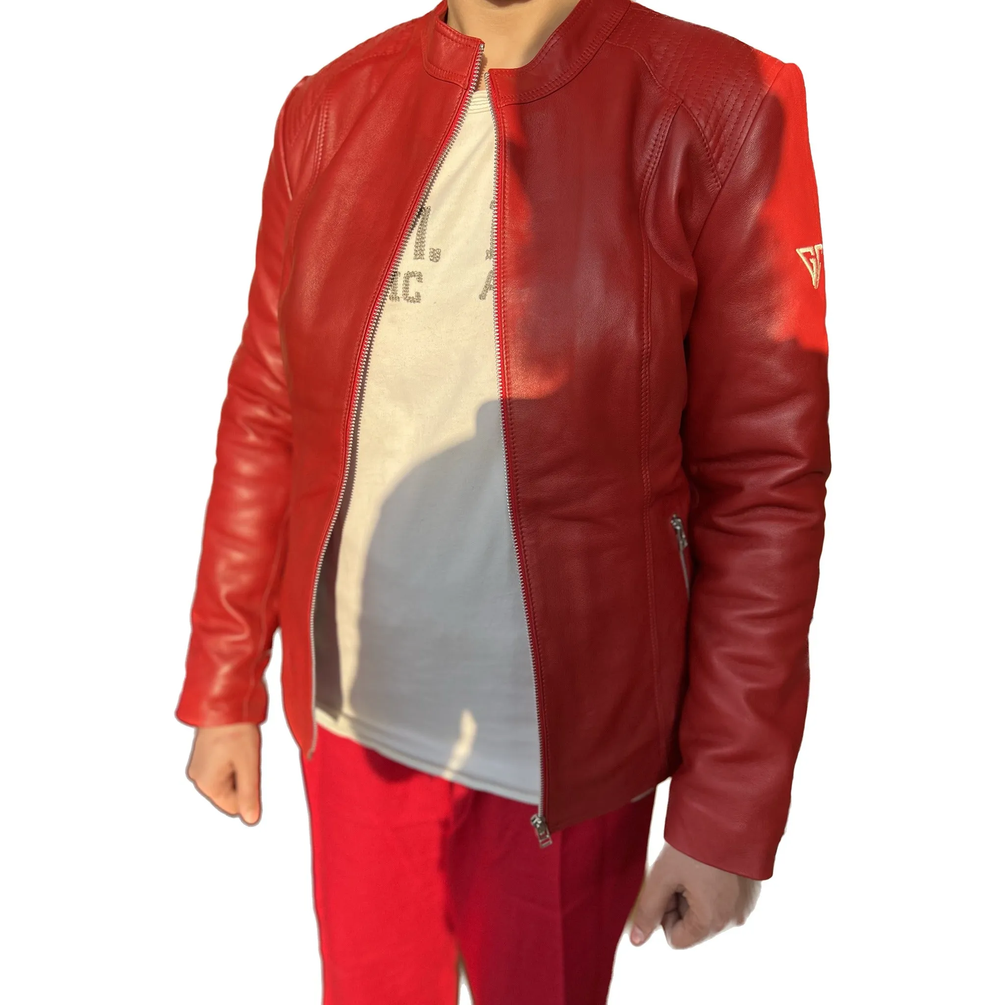 Women Lambskin Red Leather Bomber Jacket L2