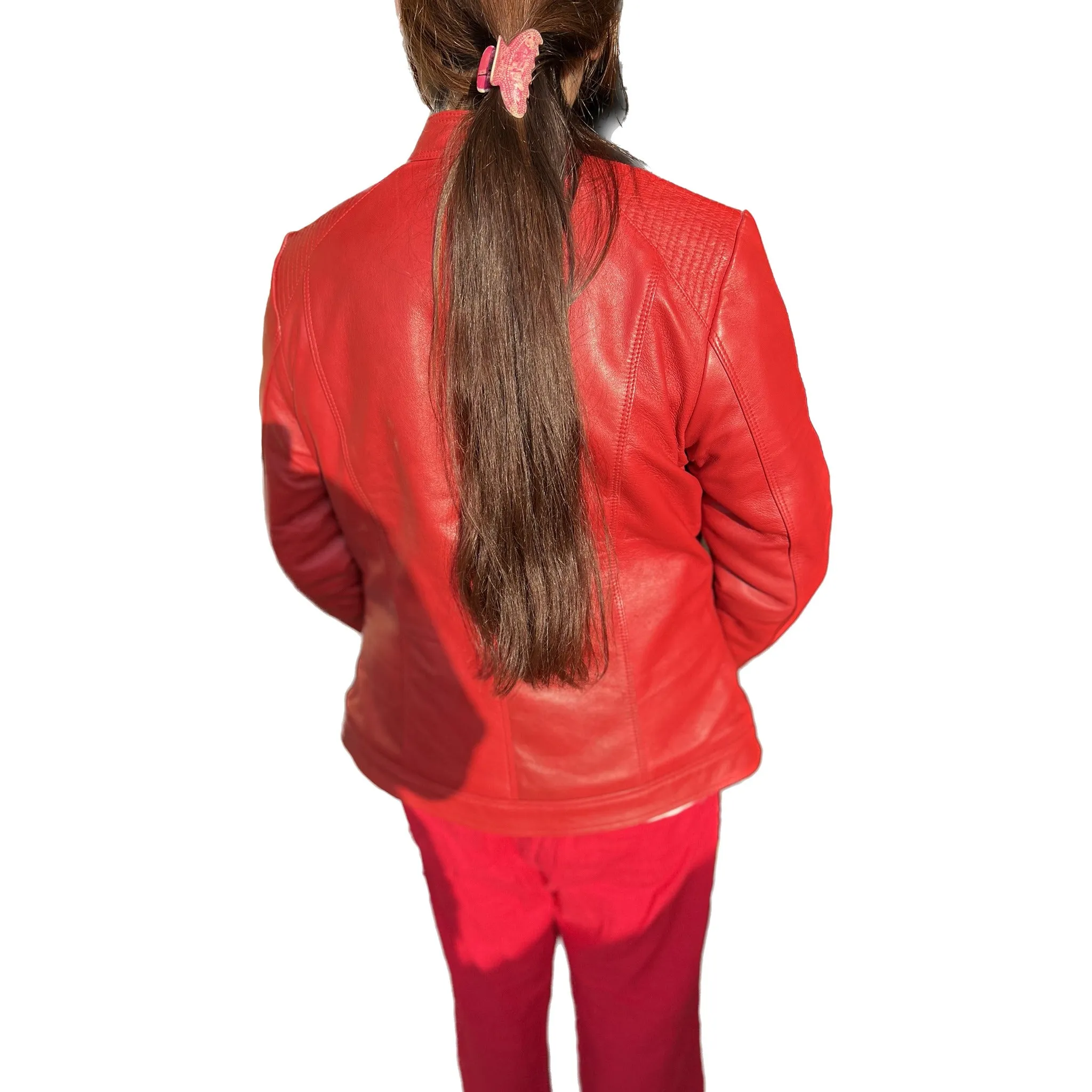 Women Lambskin Red Leather Bomber Jacket L2