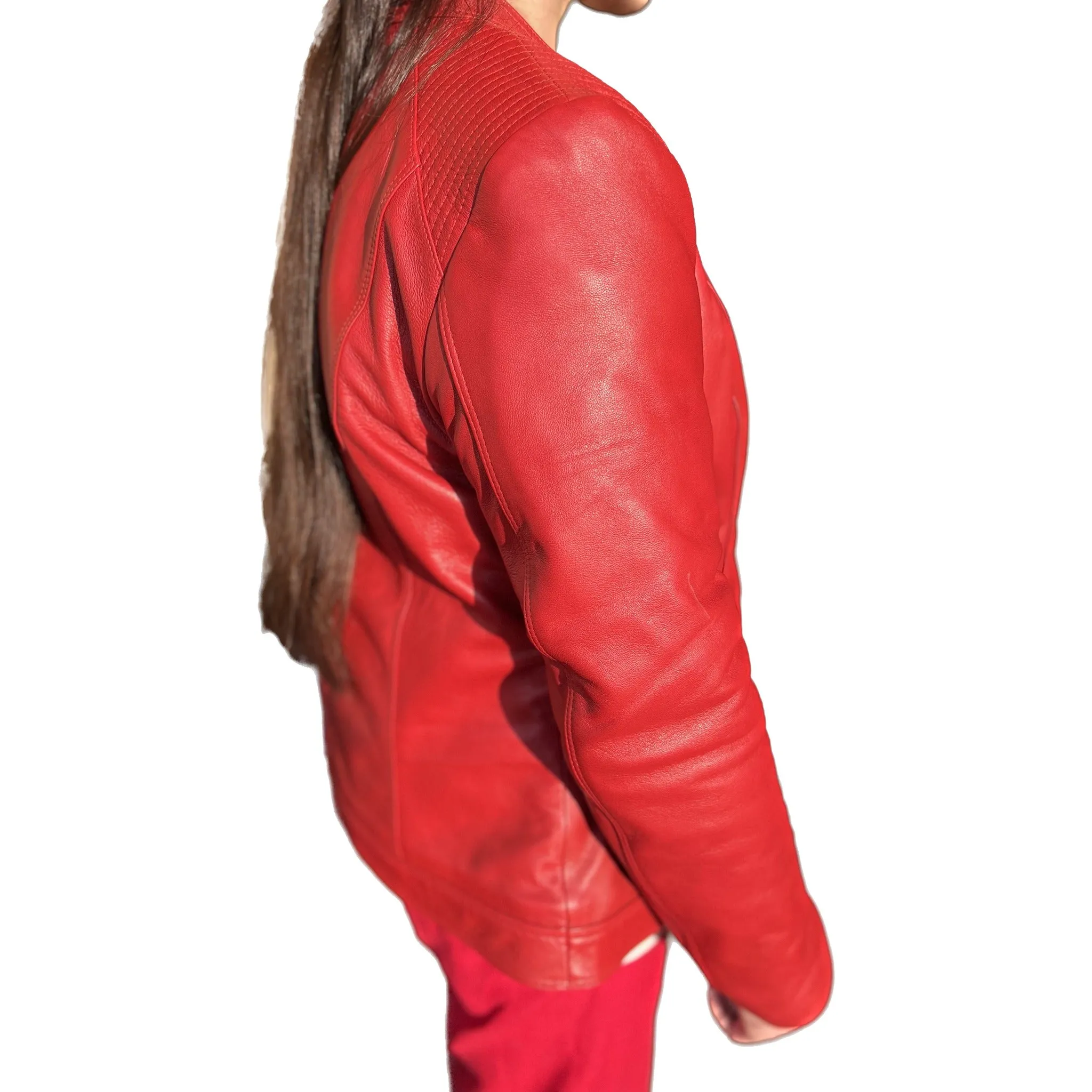 Women Lambskin Red Leather Bomber Jacket L2