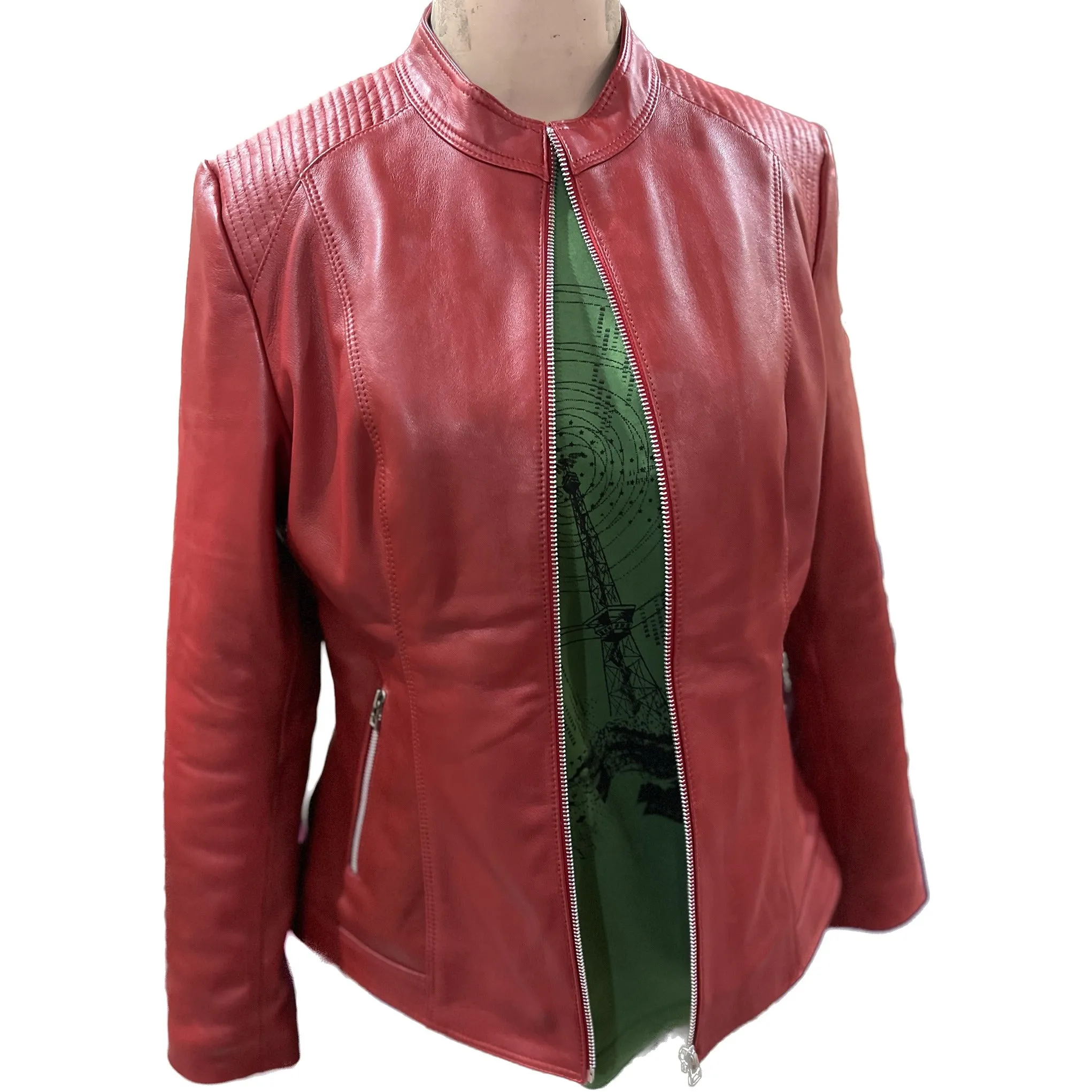 Women Lambskin Red Leather Bomber Jacket L2