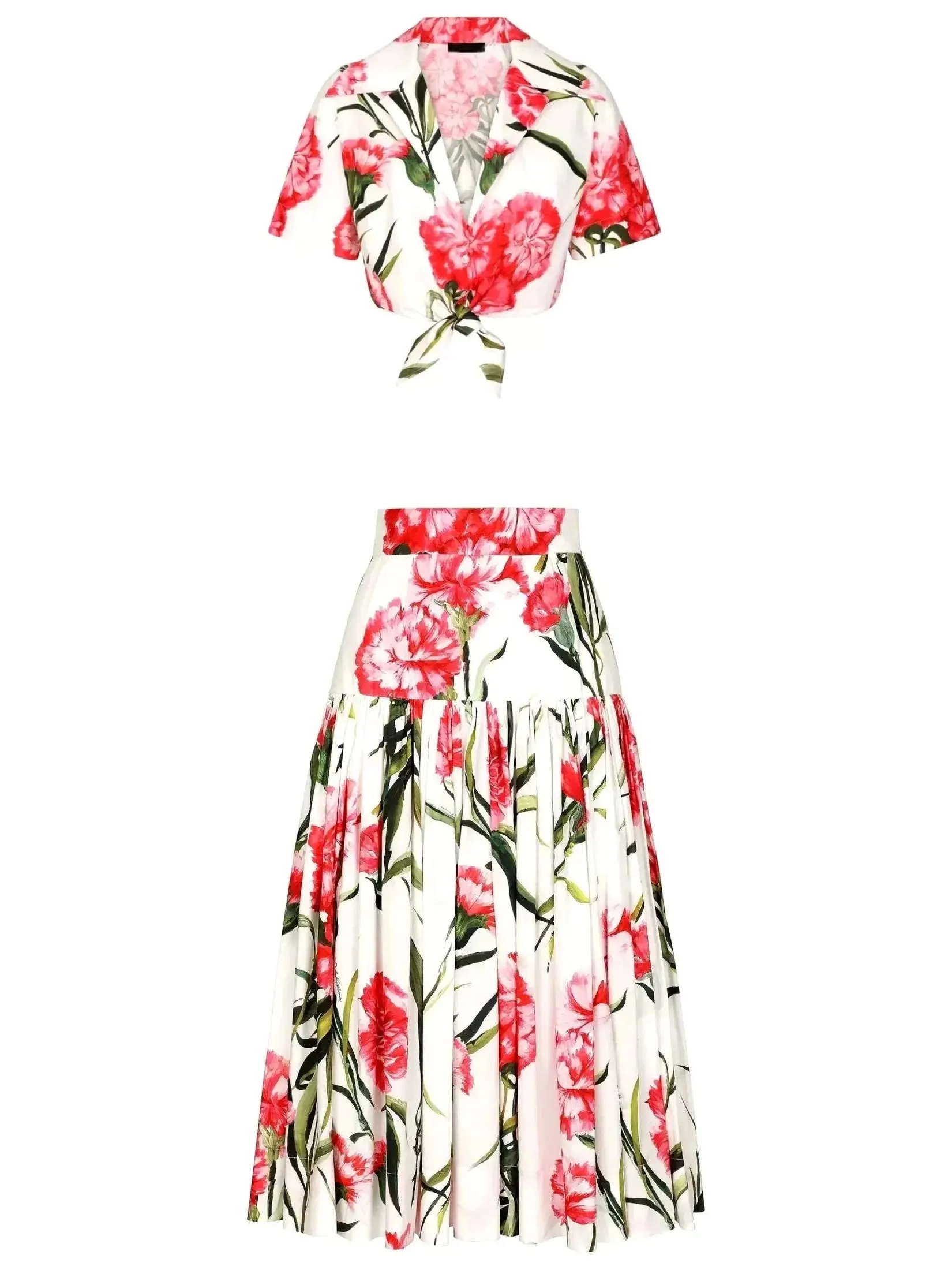 Women’s Carnation-Print Poplin Shirt with Knit Detail & Midi Skirt Set