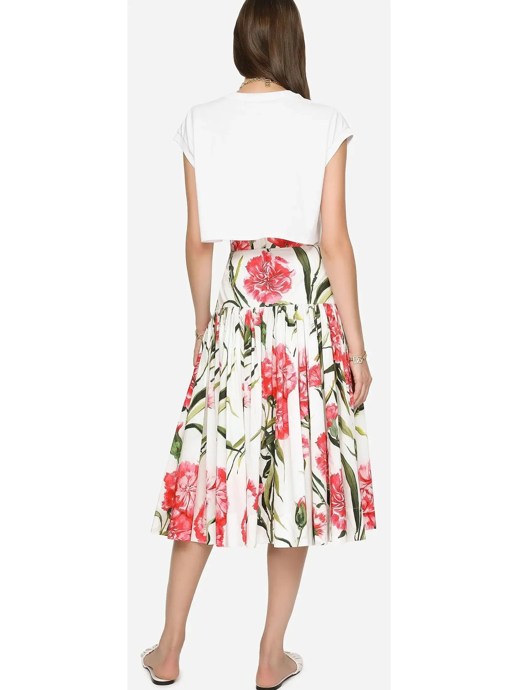 Women’s Carnation-Print Poplin Shirt with Knit Detail & Midi Skirt Set