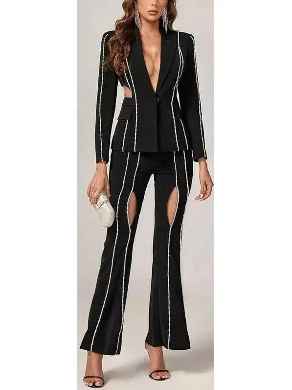 Women’s Crystal Embellished Cut-Out Blazer and Pant Suit