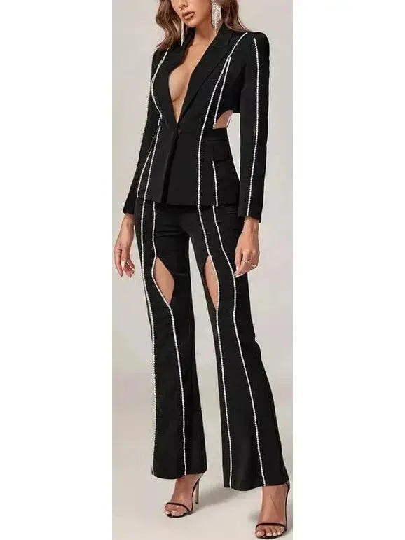 Women’s Crystal Embellished Cut-Out Blazer and Pant Suit